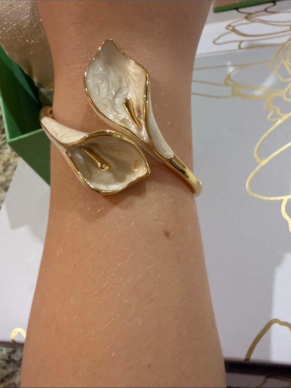 Piper K Gold Tone Ivory Calla Lily Enamel Accents  Bypass Hinge Bracelet - Picture 3 of 4